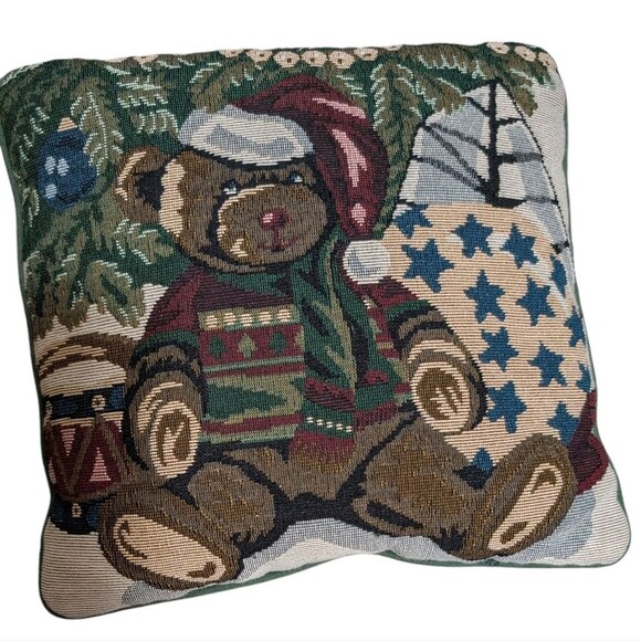 Vintage Teddy Bear Tapestry Accent Pillow seasonal Christmas Holiday home decor - Picture 6 of 6